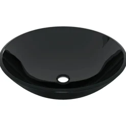 vidaXL Lavabo de baño grifo y desagüe de empuje vidrio templado negro Hot