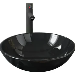 vidaXL Fontanería-Lavabo de baño grifo y desagüe de empuje vidrio templado negro