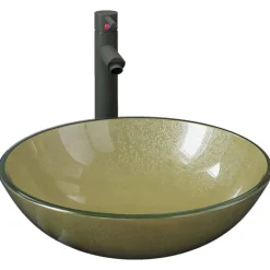 vidaXL Lavabo de baño grifo&desagüe de empuje vidrio templado dorado Hot