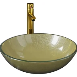vidaXL Lavabo de baño grifo&desagüe de empuje vidrio templado dorado Outlet