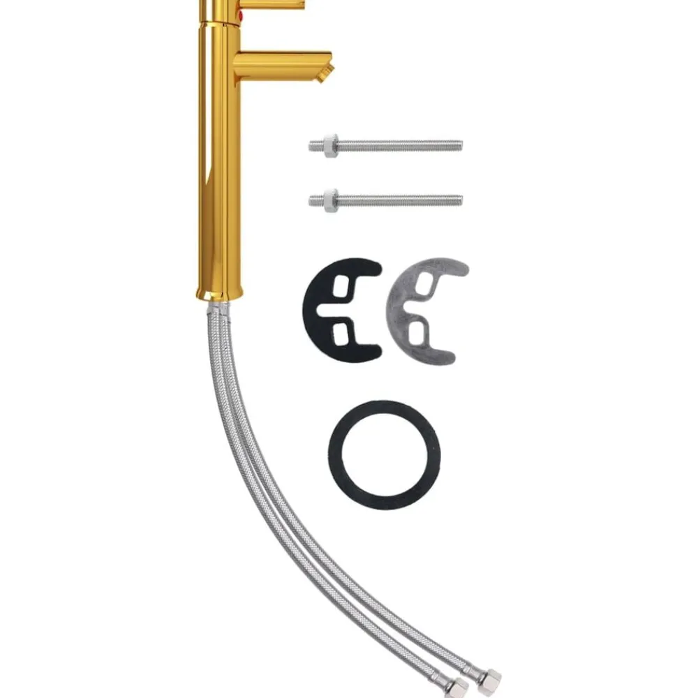 vidaXL Lavabo de baño grifo&desagüe de empuje vidrio templado dorado Outlet