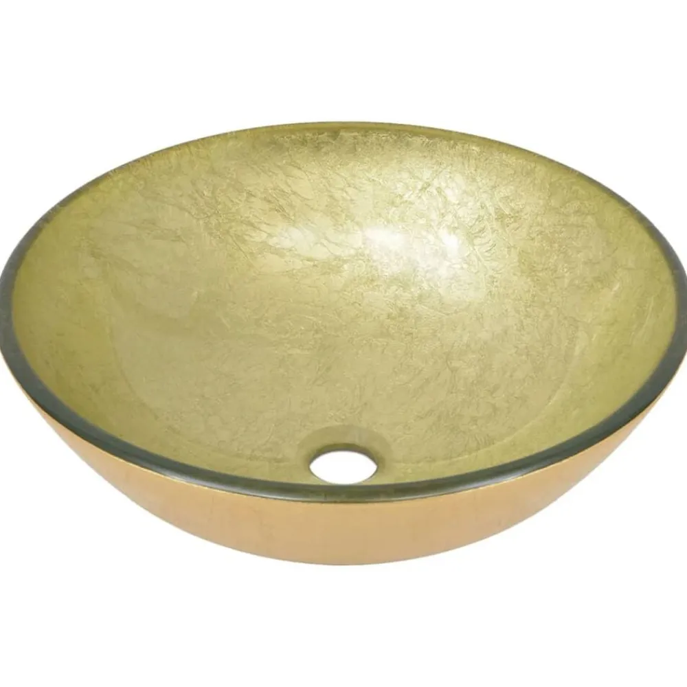 vidaXL Lavabo de baño grifo&desagüe de empuje vidrio templado dorado Outlet