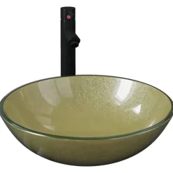 vidaXL Lavabo de baño grifo&desagüe de empuje vidrio templado dorado