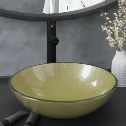 vidaXL Lavabo de baño grifo&desagüe de empuje vidrio templado dorado