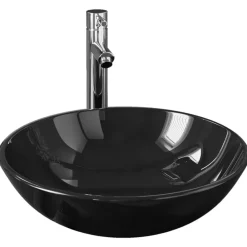vidaXL Fontanería-Lavabo de baño grifo y desagüe de empuje vidrio templado negro