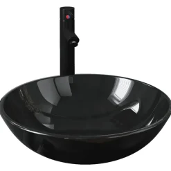 vidaXL Lavabo de baño grifo y desagüe de empuje vidrio templado negro Sale