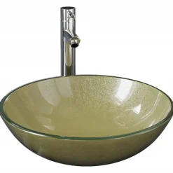 vidaXL Lavabo de baño grifo&desagüe de empuje vidrio templado dorado Sale