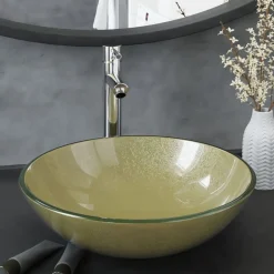 vidaXL Lavabo de baño grifo&desagüe de empuje vidrio templado dorado Sale