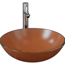 vidaXL Lavabo de baño grifo y desagüe de empuje vidrio templado marrón New