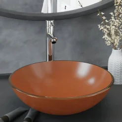 vidaXL Lavabo de baño grifo y desagüe de empuje vidrio templado marrón New