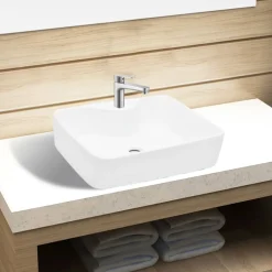 vidaXL Lavabo de cerámica cuadrado orificio de grifo y desagüe Blanco New