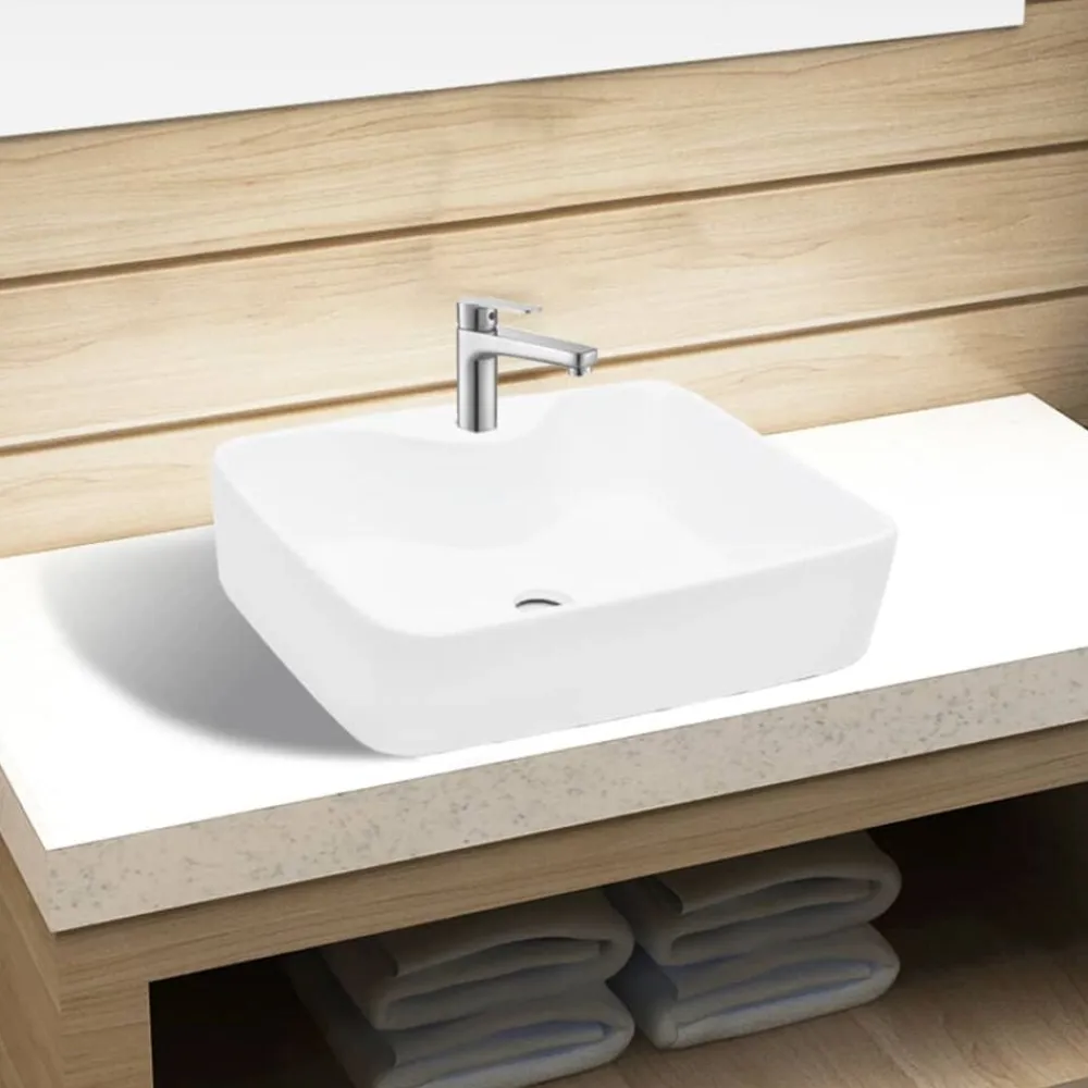 vidaXL Lavabo de cerámica cuadrado orificio de grifo y desagüe Blanco New