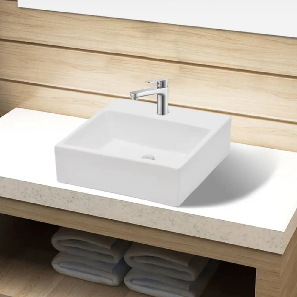 vidaXL Lavabo de cerámica cuadrado orificio de grifo y desagüe Blanco Clearance