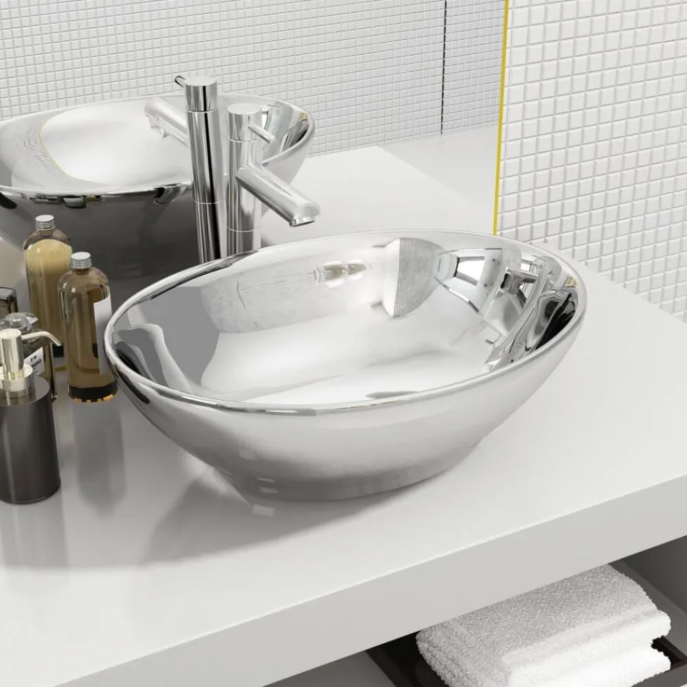 vidaXL Lavabo de cerámica 40x33x13,5 cm Plateado Clearance