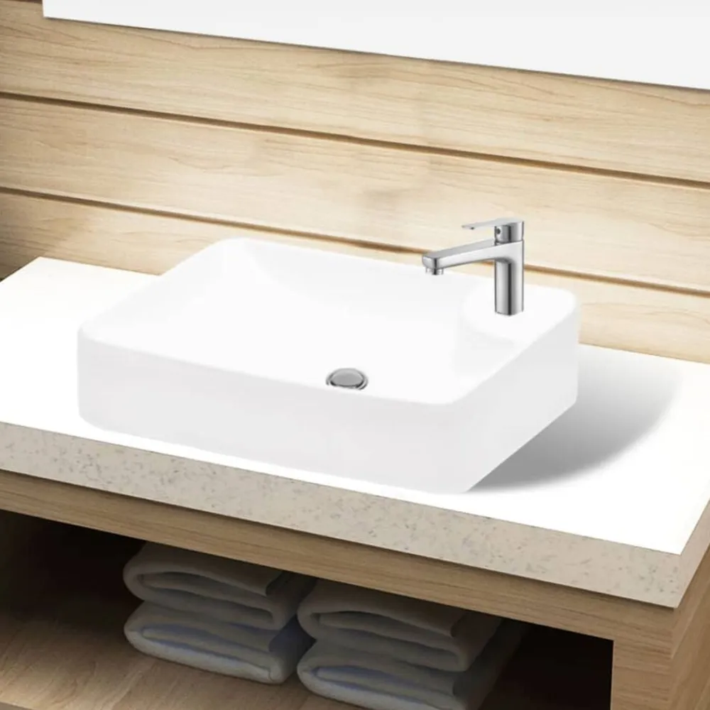 vidaXL Lavabo de cerámica con orificio de grifo y desagüe Blanco Best