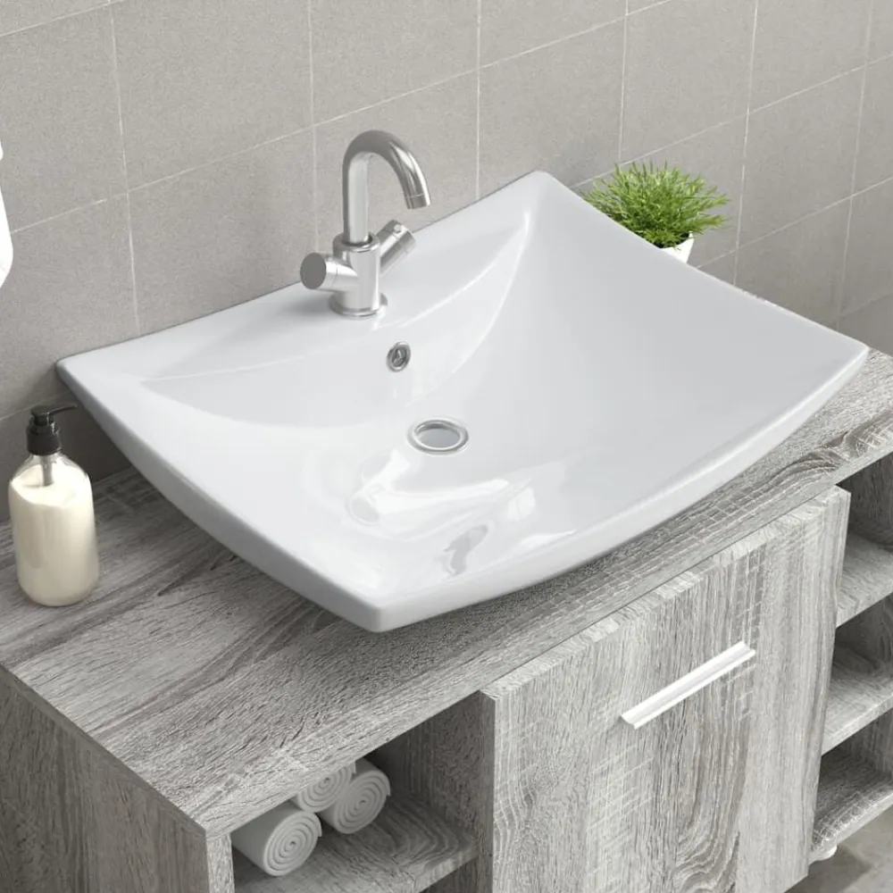 vidaXL Lavabo de cerámica rectangular con orificio de grifo y desagüe Blanco Sale