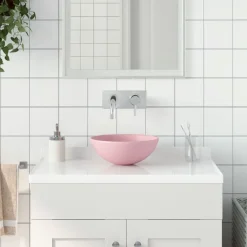 vidaXL Lavabo de cuarto de baño redondo cerámica rosa mate Clearance