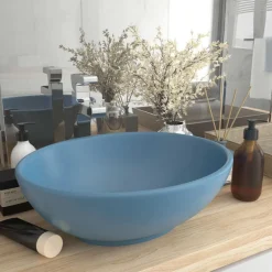 vidaXL Lavabo de lujo ovalado cerámica 40x33 cm azul claro mate Sale