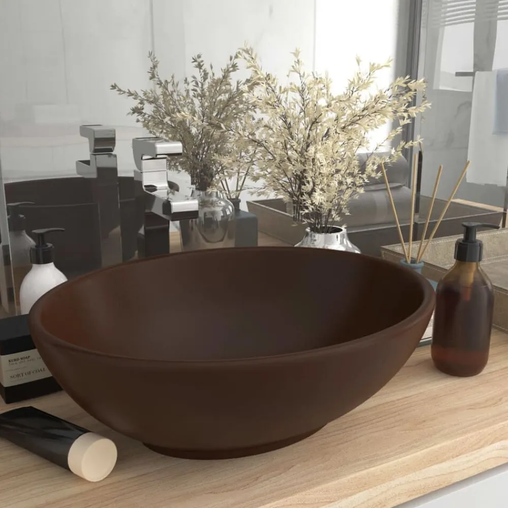 vidaXL Fontanería-Lavabo de lujo ovalado cerámica marrón oscuro mate 40x33 cm