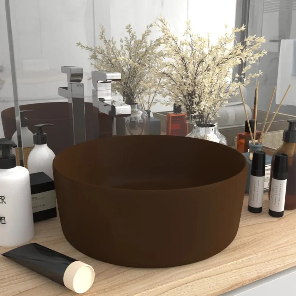 vidaXL Fontanería-Lavabo de lujo redondo cerámica marrón oscuro mate 40x15 cm