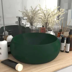 vidaXL Lavabo de lujo redondo cerámica 40x15 cm verde oscuro mate Online