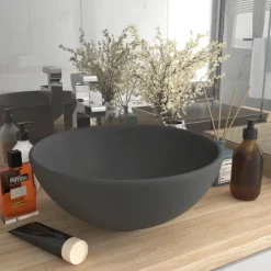 vidaXL Lavabo de lujo redondo cerámica 32,5x14 cm gris oscuro mate New
