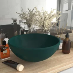 vidaXL Lavabo de lujo redondo cerámica 32,5x14 cm verde oscuro mate Clearance