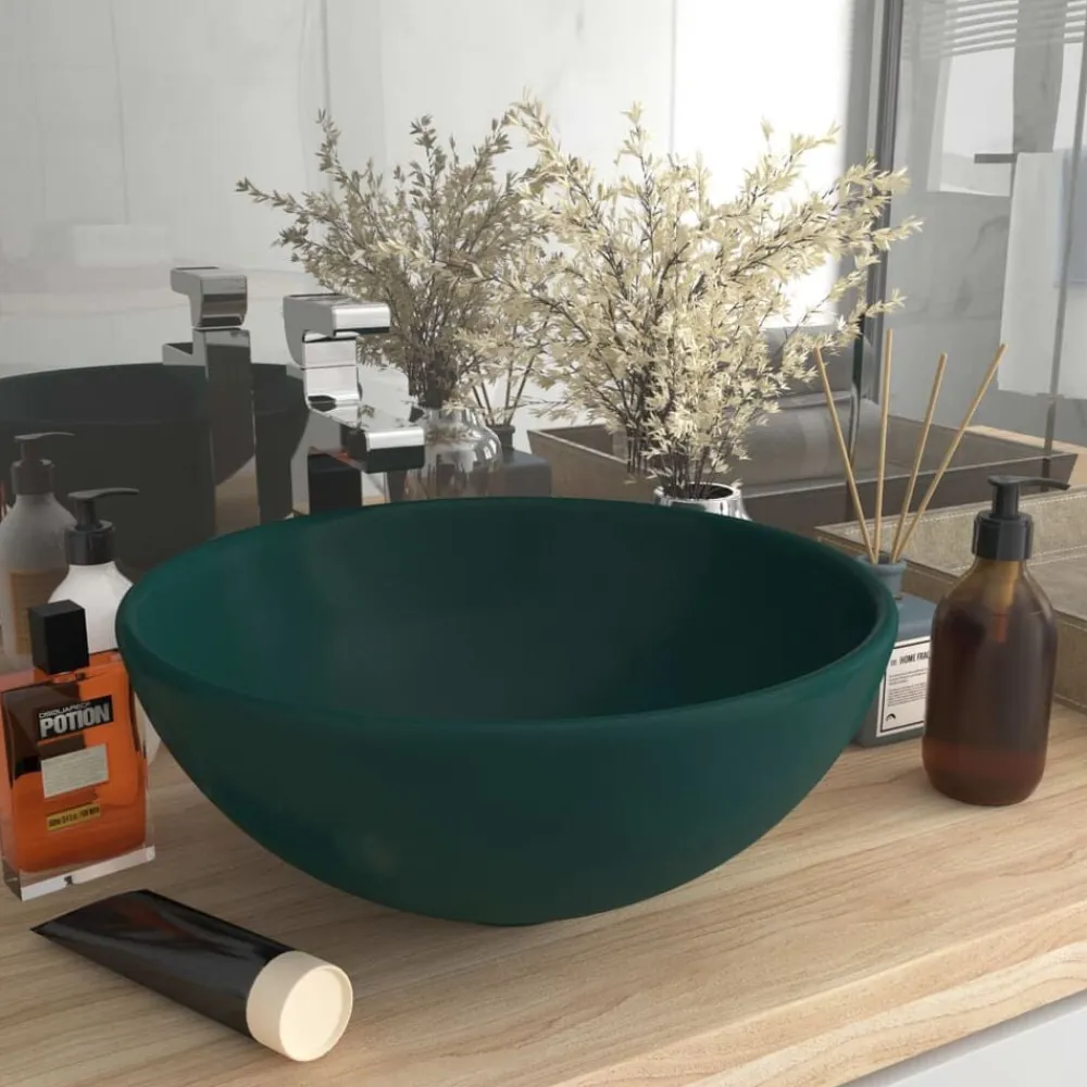 vidaXL Lavabo de lujo redondo cerámica 32,5x14 cm verde oscuro mate Clearance