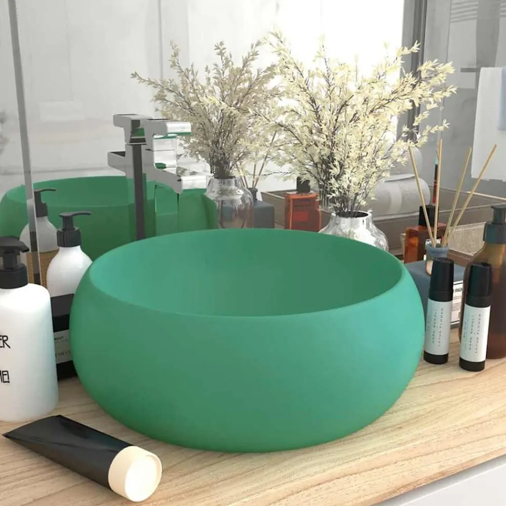 vidaXL Lavabo de lujo redondo cerámica 40x15 cm verde claro mate Hot