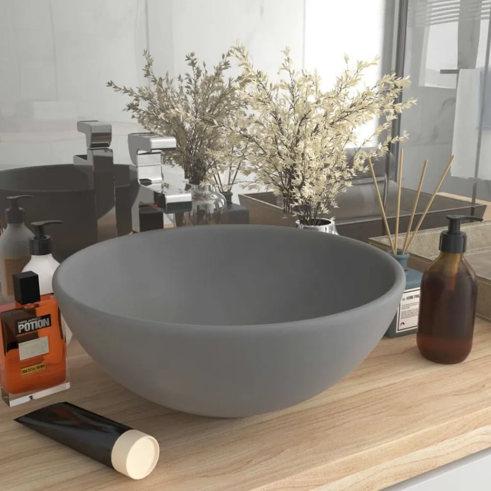 vidaXL Lavabo de lujo redondo cerámica 32,5x14 cm gris claro mate Discount