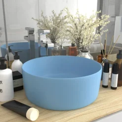 vidaXL Lavabo de lujo redondo cerámica 40x15 cm azul claro mate Online