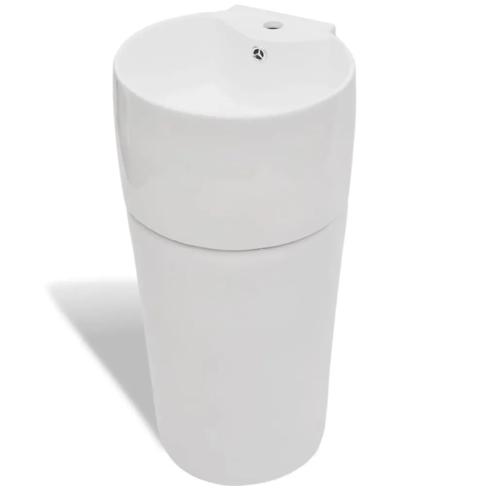 vidaXL Fontanería-Lavabo de pie redondo de cerámica hueco de grifo/desagüe