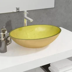 vidaXL Lavabo de vidrio 50x37x14 cm Dorado Sale