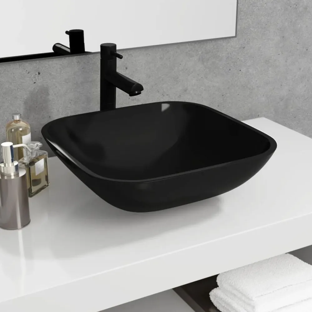 vidaXL Lavabo de vidrio 42x42x14 cm Negro Clearance