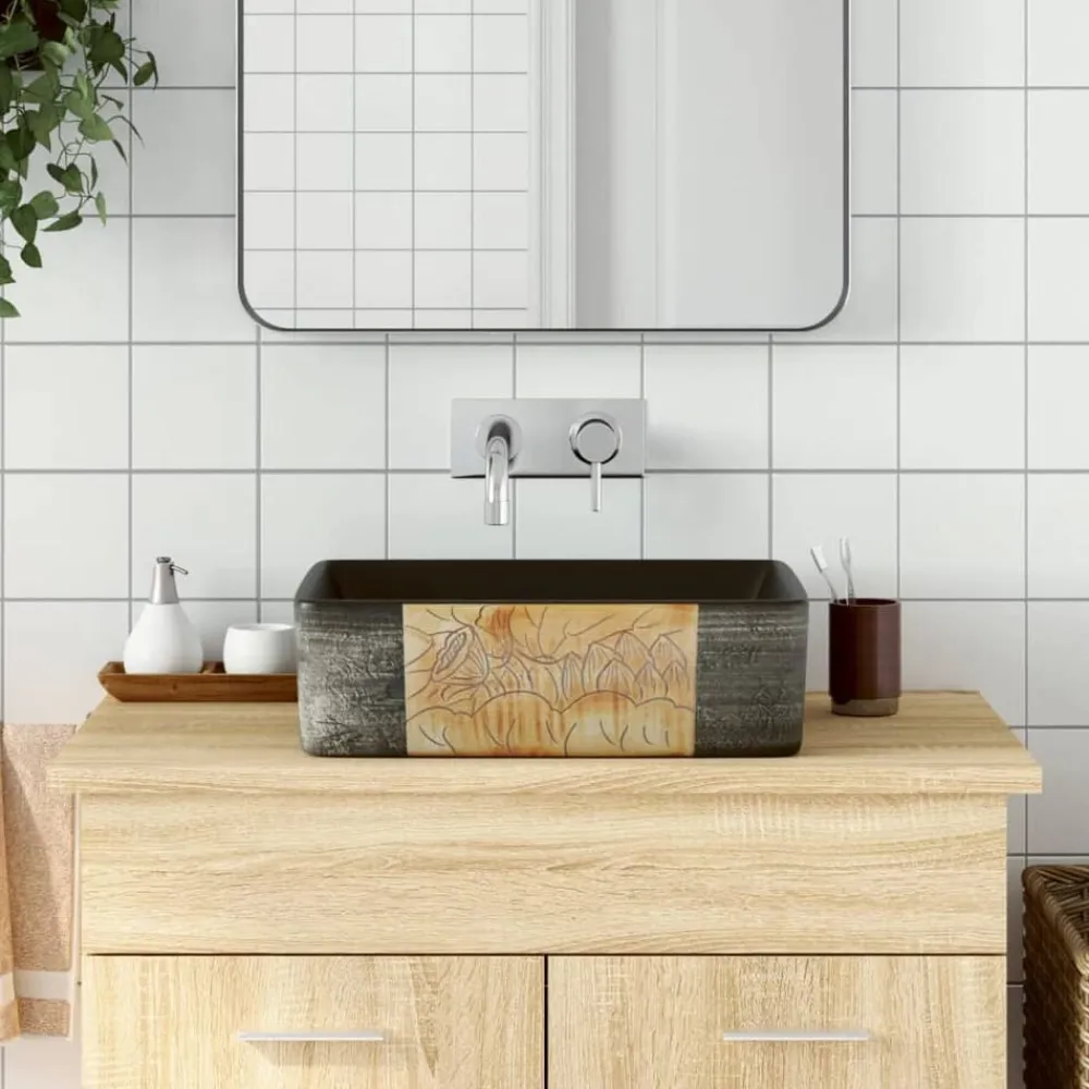 vidaXL Fontanería-Lavabo encimera rectangular cerámica negro marrón 46x35,5x13 cm