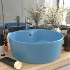 vidaXL Lavabo lujo con rebosadero cerámica 36x13 cm azul claro mate