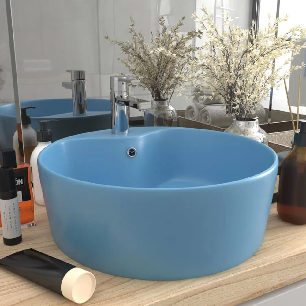 vidaXL Lavabo lujo con rebosadero cerámica 36x13 cm azul claro mate