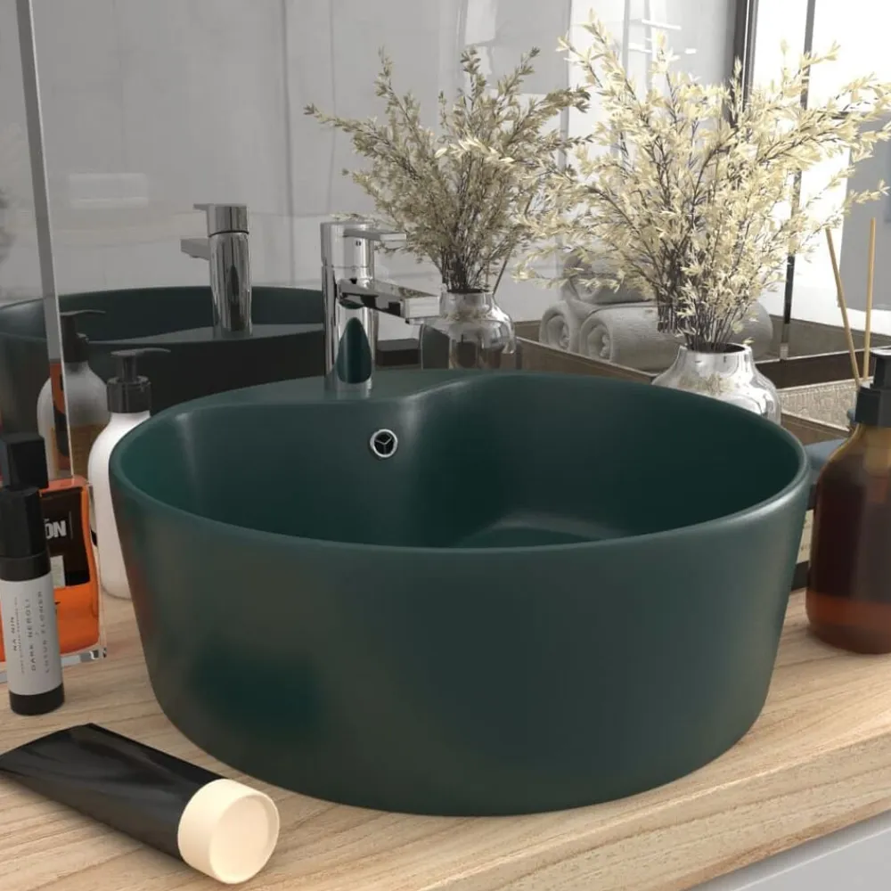 vidaXL Lavabo lujo con rebosadero cerámica 36x13 cm verde oscuro mate Clearance