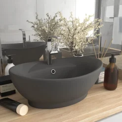 vidaXL Lavabo lujoso con rebosadero cerámica gris oscuro 58,5x39 cm gris oscuro mate Clearance