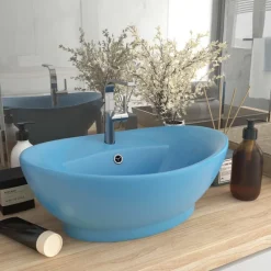 vidaXL Lavabo lujoso con rebosadero cerámica azul claro 58,5x39 cm azul claro mate Sale
