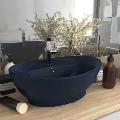 vidaXL Lavabo lujoso con rebosadero cerámica azul oscuro 58,5x39cm azul oscuro mate Discount