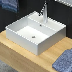 vidaXL Lavabo lujoso cuadrado cerámica orificio de grifo 41x41 cm Blanco Outlet