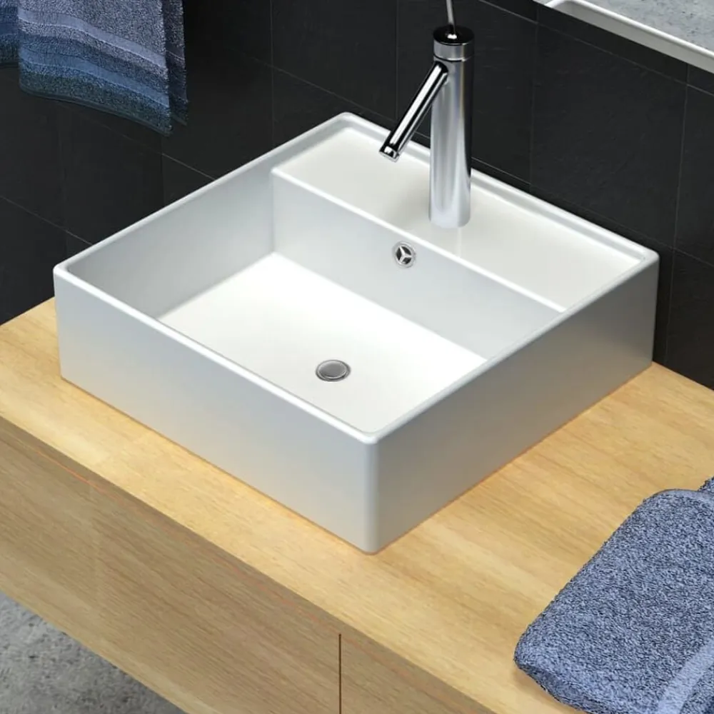 vidaXL Lavabo lujoso cuadrado cerámica orificio de grifo 41x41 cm Blanco Outlet