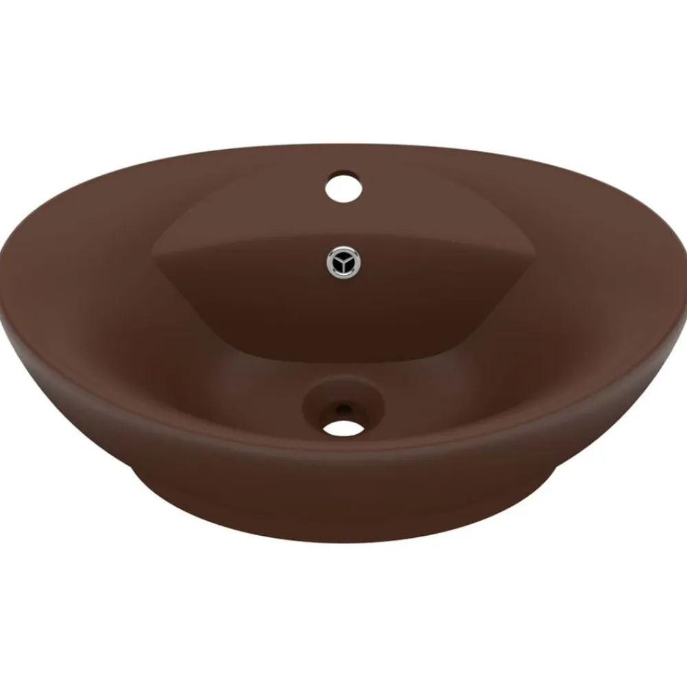 vidaXL Fontanería-Lavabo lujoso ovalado rebosadero cerámica marrón oscuro mate