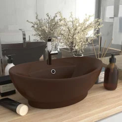vidaXL Fontanería-Lavabo lujoso ovalado rebosadero cerámica marrón oscuro mate