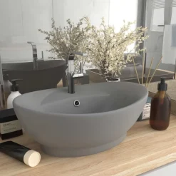 vidaXL Lavabo lujoso ovalado con rebosadero cerámica gris claro mate Clearance