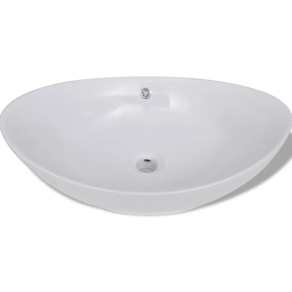 vidaXL Fontanería-Lavabo ovalado y orificio desbordamiento cerámica 59x38,5 cm