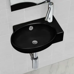 vidaXL Lavabo redondo de cerámica con orificio de grifo/desagüe Negro Hot