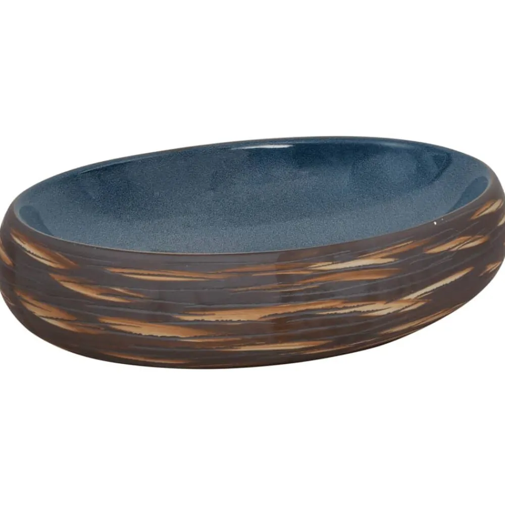 vidaXL Lavabo sobre encimera ovalado cerámica marrón y azul 59x40x15cm Azul y marrón