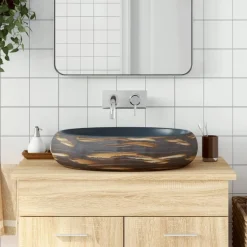 vidaXL Lavabo sobre encimera ovalado cerámica marrón y azul 59x40x15cm Azul y marr&oacute;n